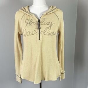 Harley Davidson Thermal 1/2 Zip Hoodie - Women's LARGE -  Yellow Waffle Knit EUC